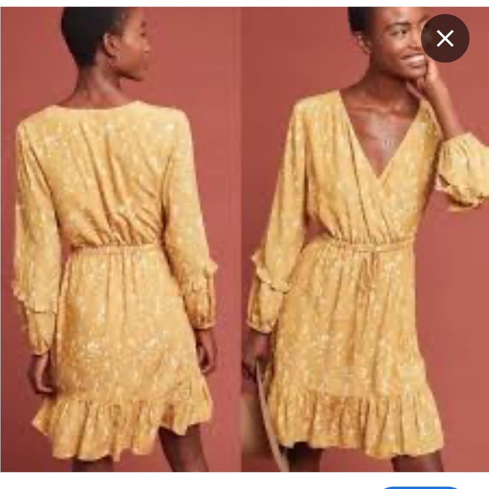 ANTHROPOLOGIE Dolan Dress Mustard Yellow Surplice Ruffle Hem Spring Dress - L